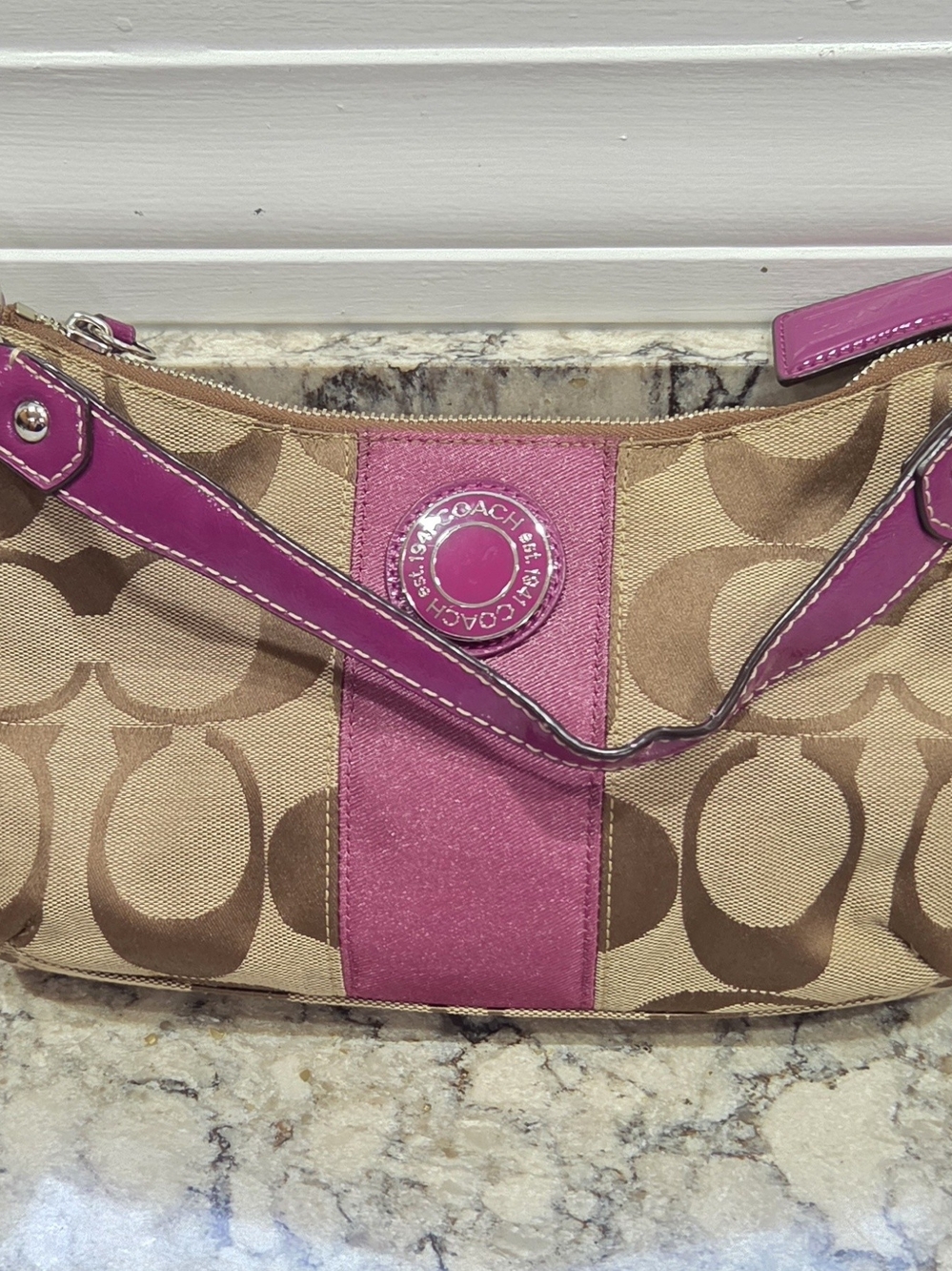 Coach Signature Canvas Shoulder Bag in Tan and Pink